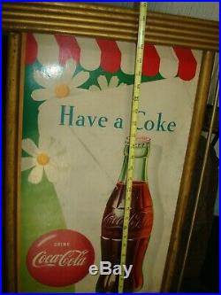 VINTAGE COCA COLA SIGN With WOODEN KAY FRAME COKE SODA BOTTLE CARDBOARD PICTURE
