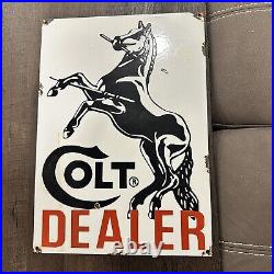 VINTAGE COLT DEALER FIREARM HORSE PORCELAIN METAL GASOLINE OIL AD SIGN 18x13