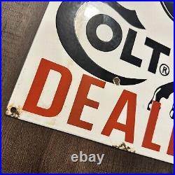 VINTAGE COLT DEALER FIREARM HORSE PORCELAIN METAL GASOLINE OIL AD SIGN 18x13