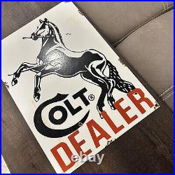 VINTAGE COLT DEALER FIREARM HORSE PORCELAIN METAL GASOLINE OIL AD SIGN 18x13