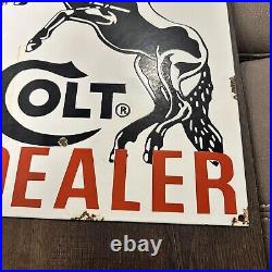 VINTAGE COLT DEALER FIREARM HORSE PORCELAIN METAL GASOLINE OIL AD SIGN 18x13