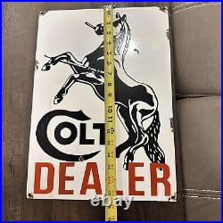 VINTAGE COLT DEALER FIREARM HORSE PORCELAIN METAL GASOLINE OIL AD SIGN 18x13