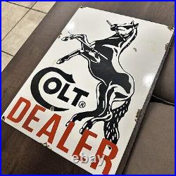 VINTAGE COLT DEALER FIREARM HORSE PORCELAIN METAL GASOLINE OIL AD SIGN 18x13