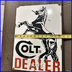 VINTAGE COLT DEALER FIREARM HORSE PORCELAIN METAL GASOLINE OIL AD SIGN 18x13