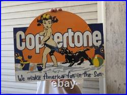VINTAGE CUTE COPPERTONE PORCELAIN SIGN FUN IN THE SUN 18x14