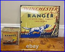 VINTAGE DATED 1956 WINCHESTER RANGER AMMUNITION GUN PORCELAIN SIGN with AMMO BOX
