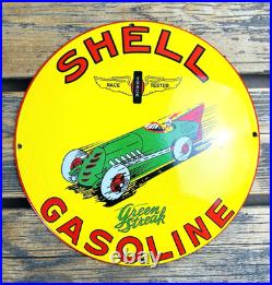 VINTAGE DOME SHELL GASOLINE Green Streak RACE TRACK PORCELAIN PUMP STATION SIGN