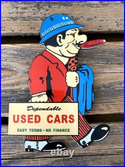 VINTAGE Dependable USED CARS DEALERSHIP 9.75x7 OIL GAS STATION PORCELAIN SIGN