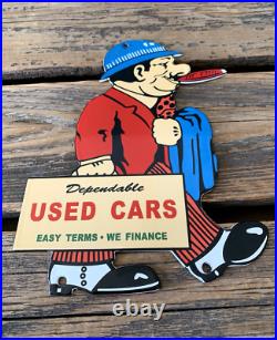 VINTAGE Dependable USED CARS DEALERSHIP 9.75x7 OIL GAS STATION PORCELAIN SIGN