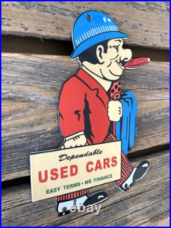 VINTAGE Dependable USED CARS DEALERSHIP 9.75x7 OIL GAS STATION PORCELAIN SIGN