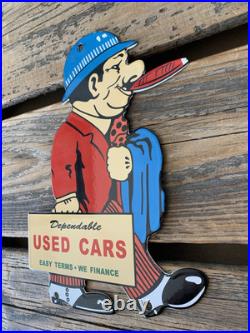 VINTAGE Dependable USED CARS DEALERSHIP 9.75x7 OIL GAS STATION PORCELAIN SIGN