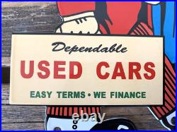 VINTAGE Dependable USED CARS DEALERSHIP 9.75x7 OIL GAS STATION PORCELAIN SIGN