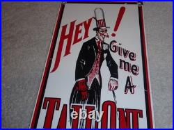 VINTAGE HEY GIVE ME A TALL ONE With SODA MAN 14 PORCELAIN METAL GASOLINE OIL SIGN