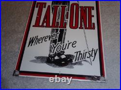 VINTAGE HEY GIVE ME A TALL ONE With SODA MAN 14 PORCELAIN METAL GASOLINE OIL SIGN