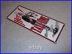 VINTAGE HEY GIVE ME A TALL ONE With SODA MAN 14 PORCELAIN METAL GASOLINE OIL SIGN