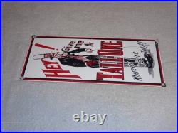 VINTAGE HEY GIVE ME A TALL ONE With SODA MAN 14 PORCELAIN METAL GASOLINE OIL SIGN