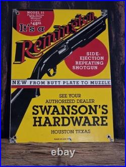 VINTAGE IT'S A REMINGTON PORCELAIN SIGN HOUSTON HARDWARE AMMUNITION 14x10 VINTAGE IT'S A REMINGTON PORCELAIN SIGN HOUSTON HARDWARE AMMUNITION 14x10