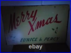 VINTAGE MERRY XMAS EUNICE & PERCY REFLECTIVE (2) SIDED METAL SIGN! 1940's-50's