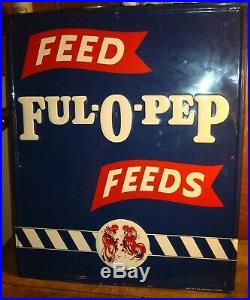 VINTAGE NOS LARGE FUL O PEP FARM FEEDS EMBOSSED TIN METAL SIGN With ROOSTERS