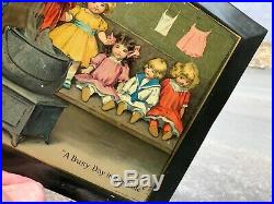 VINTAGE RARE CRISP c. 1900 DIAMOND DYES A BUSY DAY IN DOLLVILLE TOC SIGN