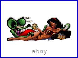VINTAGE RATFINK DRINKS BEER With GORGEOUS WOMAN 14 ENAMEL METAL GASOLINE OIL SIGN