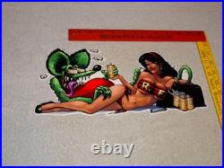 VINTAGE RATFINK DRINKS BEER With GORGEOUS WOMAN 14 ENAMEL METAL GASOLINE OIL SIGN