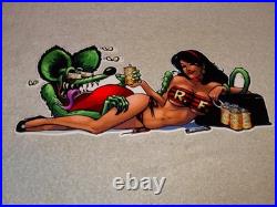 VINTAGE RATFINK DRINKS BEER With GORGEOUS WOMAN 14 ENAMEL METAL GASOLINE OIL SIGN
