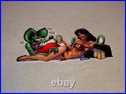 VINTAGE RATFINK DRINKS BEER With GORGEOUS WOMAN 14 ENAMEL METAL GASOLINE OIL SIGN