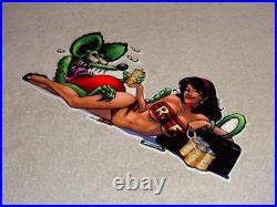 VINTAGE RATFINK DRINKS BEER With GORGEOUS WOMAN 14 ENAMEL METAL GASOLINE OIL SIGN