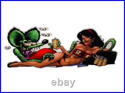 VINTAGE RATFINK DRINKS BEER With GORGEOUS WOMAN 14 ENAMEL METAL GASOLINE OIL SIGN