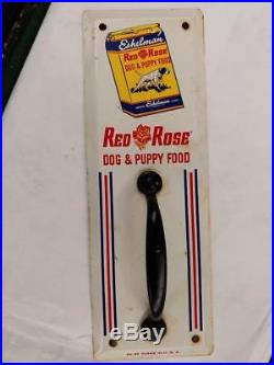 VINTAGE RED ROSE DOG & PUPPY FOOD TIN LITHO DOOR PULL SIGN WITH HANDLE-10x3.5