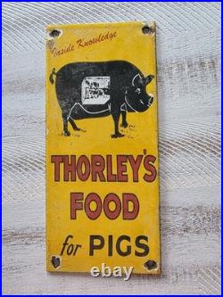 VINTAGE THORLEY'S FOOD FOR PIGS PORCELAIN SIGN AGRICULTURE FEED 10x4.5