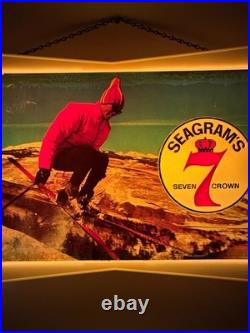 VTG 1950s SEAGRAMS 7 Crown Lighted Bar Sign Skiing Ski Resort Winter Scene