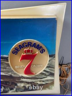 VTG 1950s SEAGRAMS 7 Crown Lighted Bar Sign Skiing Ski Resort Winter Scene