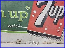 VTG 1960's 7 Up Fresh Up With Embossed Metal Advertising Sign USA -23x11 Stout