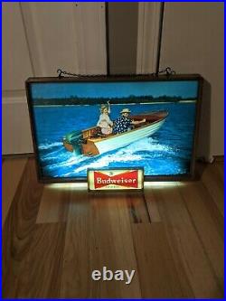 VTG Budweiser Beer Lighted Sign Boat Bar Advertising Man Woman Price Signs