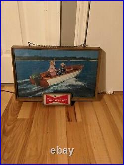 VTG Budweiser Beer Lighted Sign Boat Bar Advertising Man Woman Price Signs