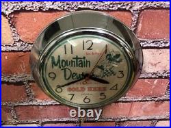 VTG INGRAHAM MOUNTAIN DEW SODA OLD CHROME 50's DINER ADVERTISING WALL CLOCK SIGN