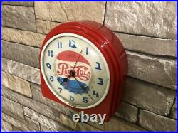 VTG TELECHRON PEPSI-COLA SODA OLD 50s RED DECO DINER ADVERTISING WALL CLOCK SIGN