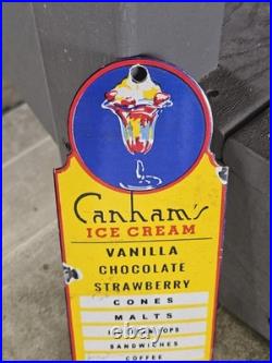 Very Nice Original Vintage Porcelain Canhams Ice Cream Sign 10 X 4