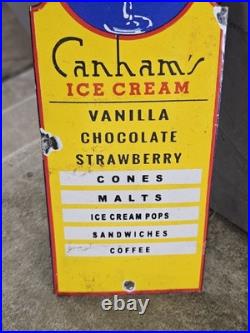 Very Nice Original Vintage Porcelain Canhams Ice Cream Sign 10 X 4