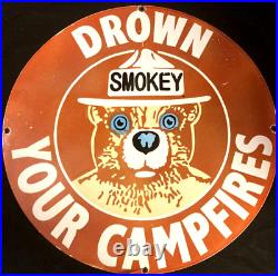 Vintag Art SMOKEY DROWN YOUR CAMPFIRES PORCELAIN ENAMEL SIGN Rare Advertisin 30 Vintag Art SMOKEY DROWN YOUR CAMPFIRES PORCELAIN ENAMEL SIGN Rare Advertisin 30