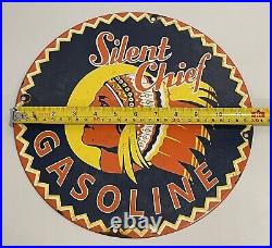 Vintage 12 Silent Chief Gasoline-Harley-Davidson Indian Porcelain Sign 1936 EUC