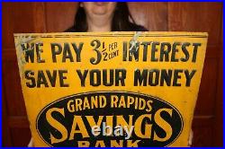 Vintage 1920's Grand Rapids Savings Bank Save Your Money 18 Embossed Metal Sign