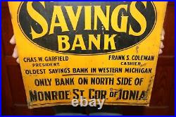 Vintage 1920's Grand Rapids Savings Bank Save Your Money 18 Embossed Metal Sign