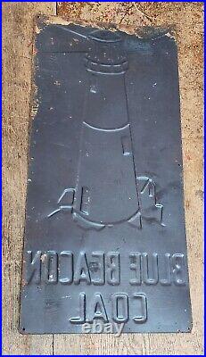 Vintage 1930's Blue Beacon Coal Embossed Metal Gas Oil Sign with Rice Paper 20