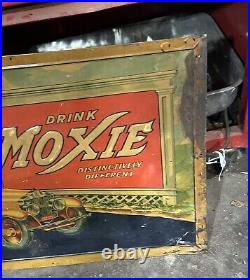 Vintage 1930's Drink Moxie Car & Horse Advertising Embossed Tin Soda Sign 19x27