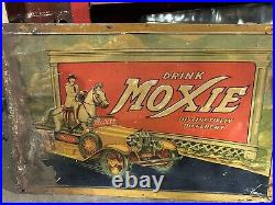 Vintage 1930's Drink Moxie Car & Horse Advertising Embossed Tin Soda Sign 19x27