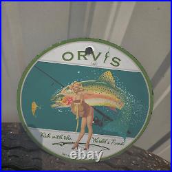 Vintage 1933 Orvis Fishing Porcelain Gas Oil 4.5 Sign