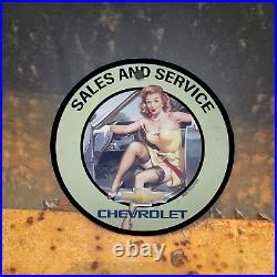 Vintage 1934 Chevrolet Sales And Service Porcelain Gas Oil 4.5 Antique Sign